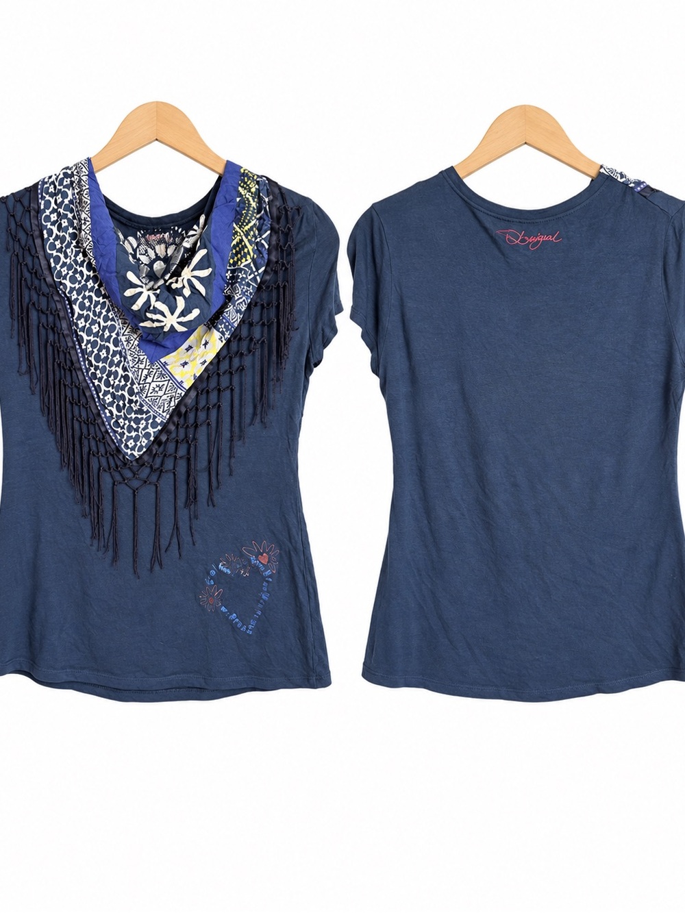 Desigual Navy Short-Sleeve Tee with Fringe Bandana Detail